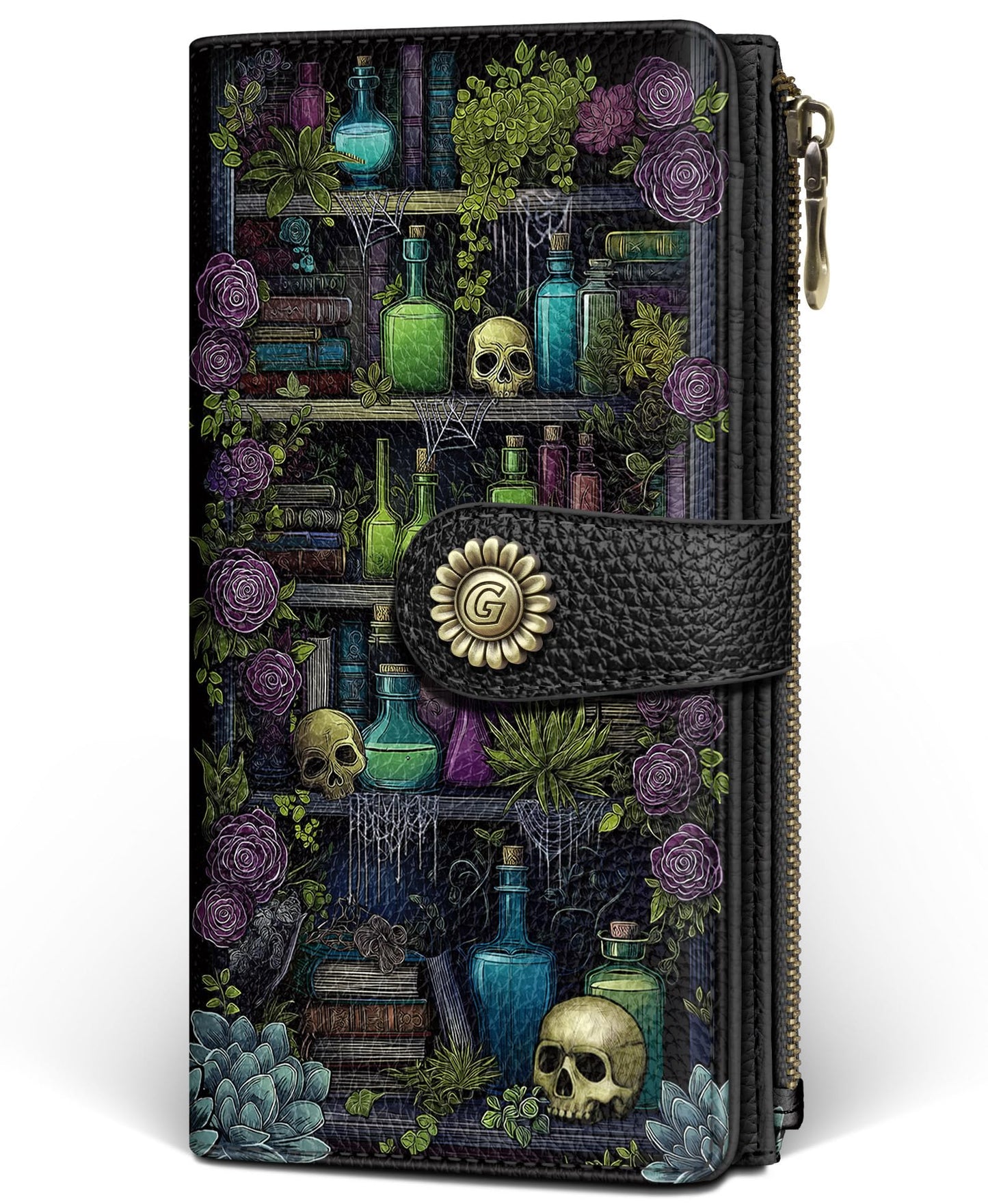 GIANCOMICS Goth Book Shelf Womens Wallet RFID Blocking, Gothic Skull Witchy Credit Card Holder Bifold, PU Leather Travel Billfold, Long Cute Cash Purse, Zipper Coin Pocket Clutch, Ladies Gift Woman