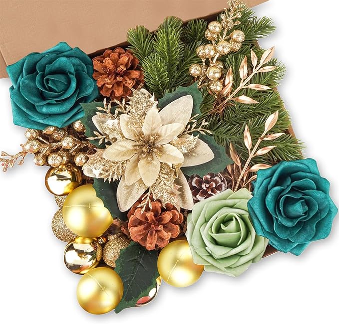 Christmas Flowers Artificial Box Set, Christmas Themed Floral Decorations for DIY Christmas Tree Ornament Wedding Birthday Wreath Decoration (A)