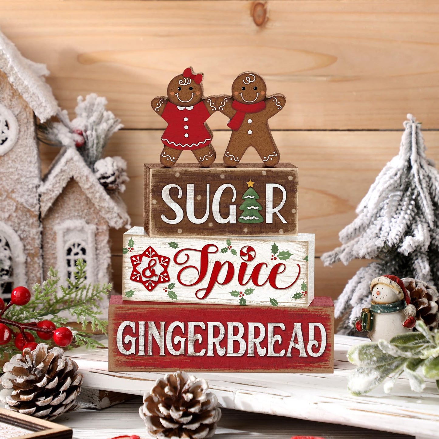 Marsui 4 Pcs Christmas Gingerbread Table Decorations Gingerbread Man Wooden Sign Blocks Rustic Xmas Tiered Tray Decor Farmhouse Holiday Christmas Decorations for Home Indoor Office Desk Mantle Shelf