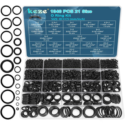 KEZE 1040 Pcs O Ring Kit 21 Size Universal Nitrile Rubber O Ring Assortment Set for Automotive Vehicle Repair Faucet Plumbing Air or Gas Sealing Connections Resist Oil and Heat