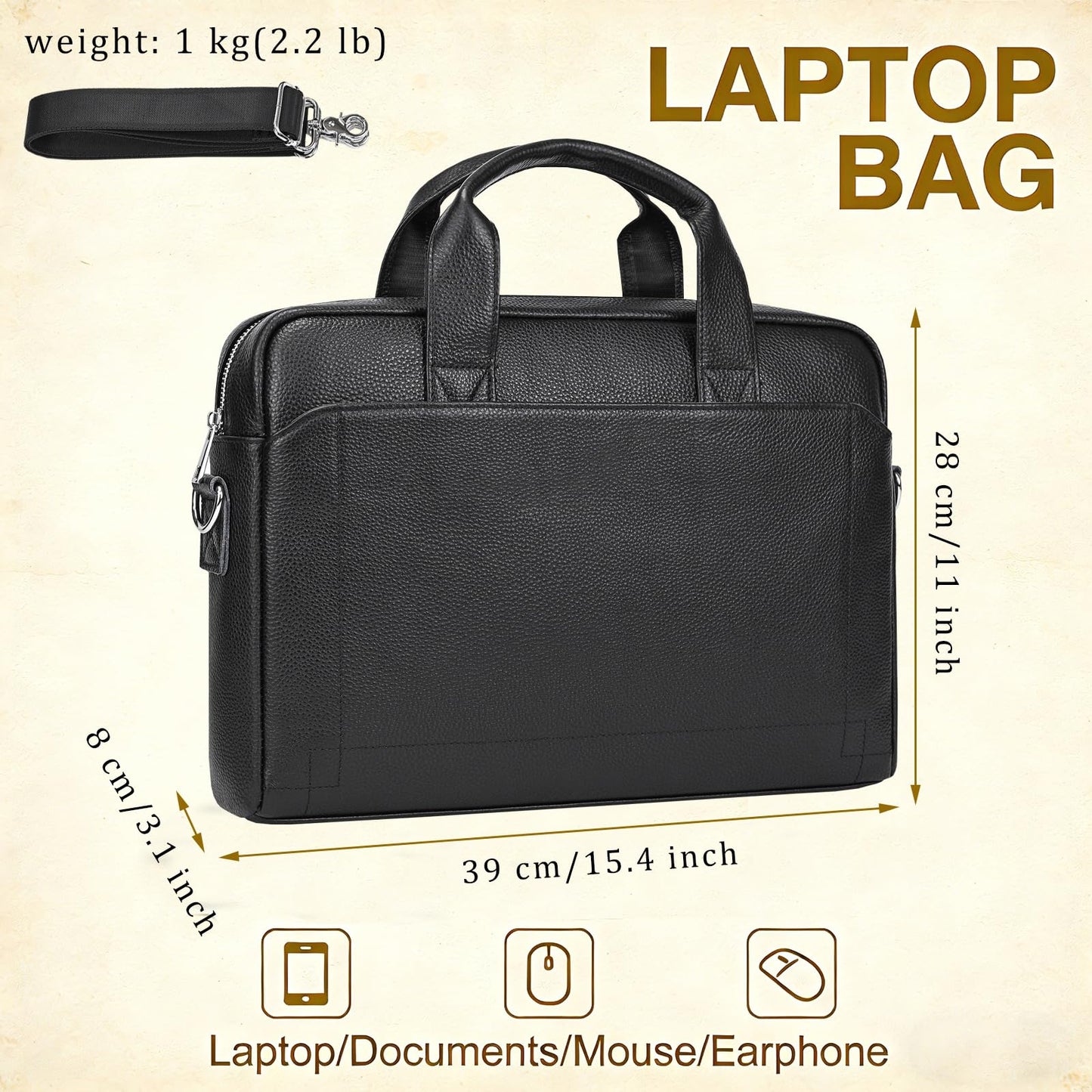 Leather Laptop Bag for Men, Laptop Briefcase Fits Up to 15.6 Inch Notebook, Portable Shoulder Messenger Crossbody Bag for Travel Business Office