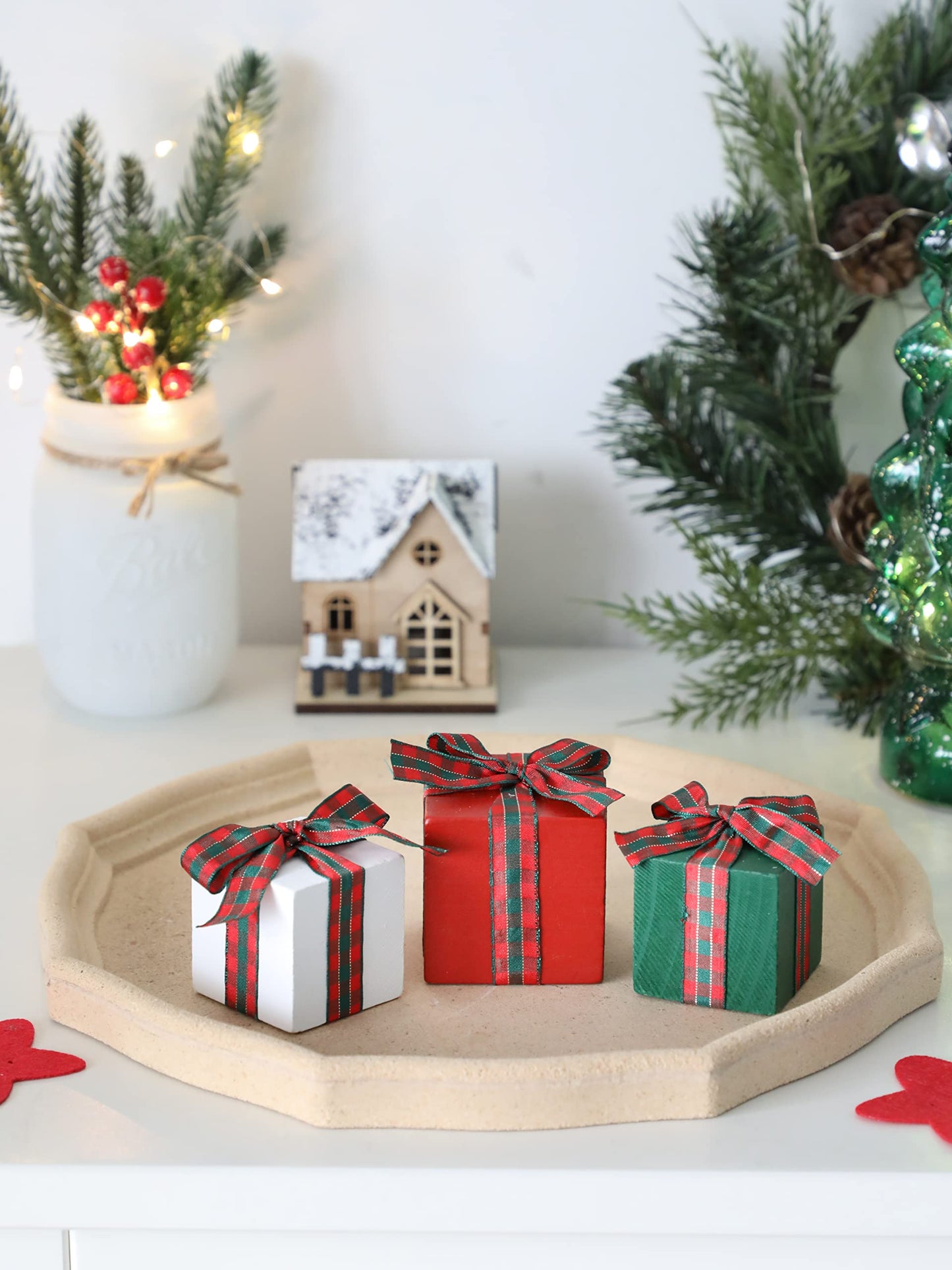 Christmas Tiered Tray Decor Set of 3 Mini Wood Small Table Decor Shelf décor (Buffalo Plaid 1)