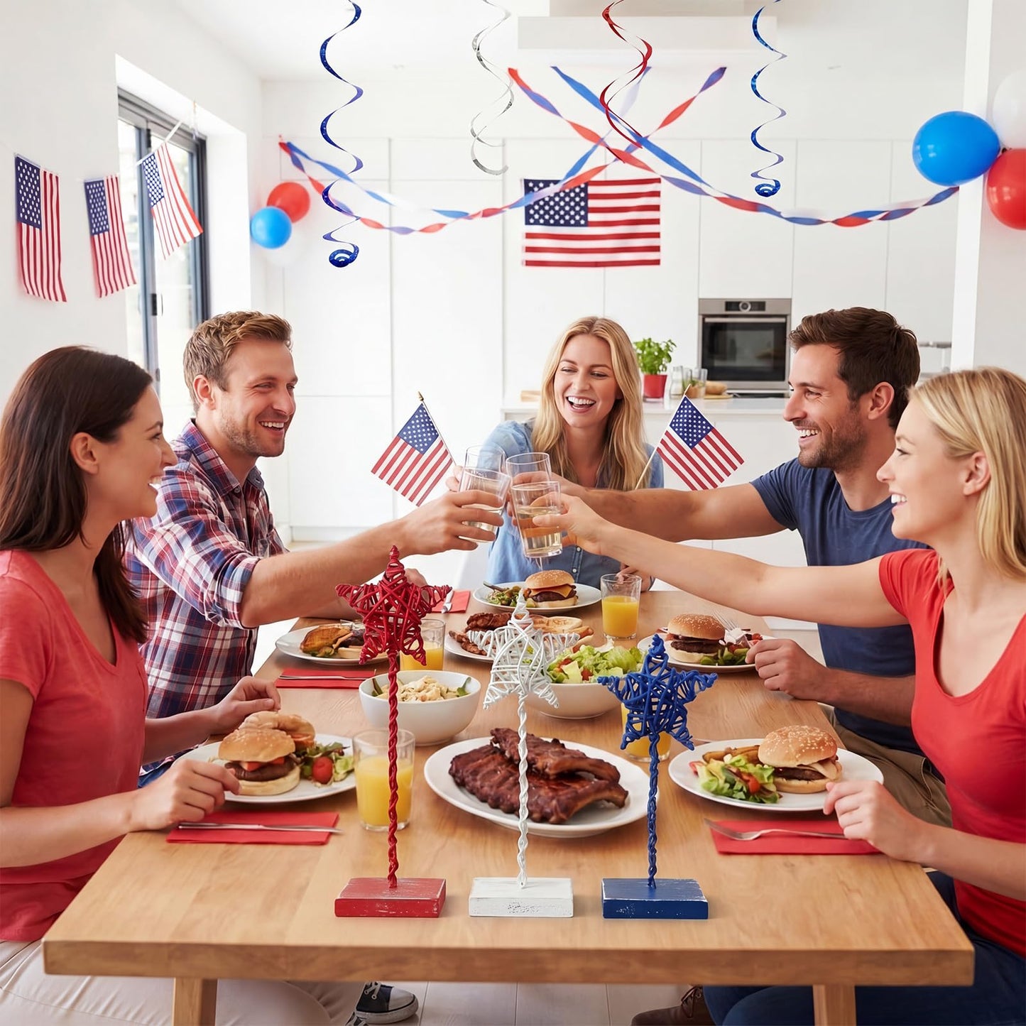 Tiamon 3 Pcs 4th of July Decorations, Metal Wood Patriotic Centerpieces Table Decor Red White Blue 3D Star Tray Sign Decor for Home Office USA July Fourth Independence Day 250th Anniversary Decoration