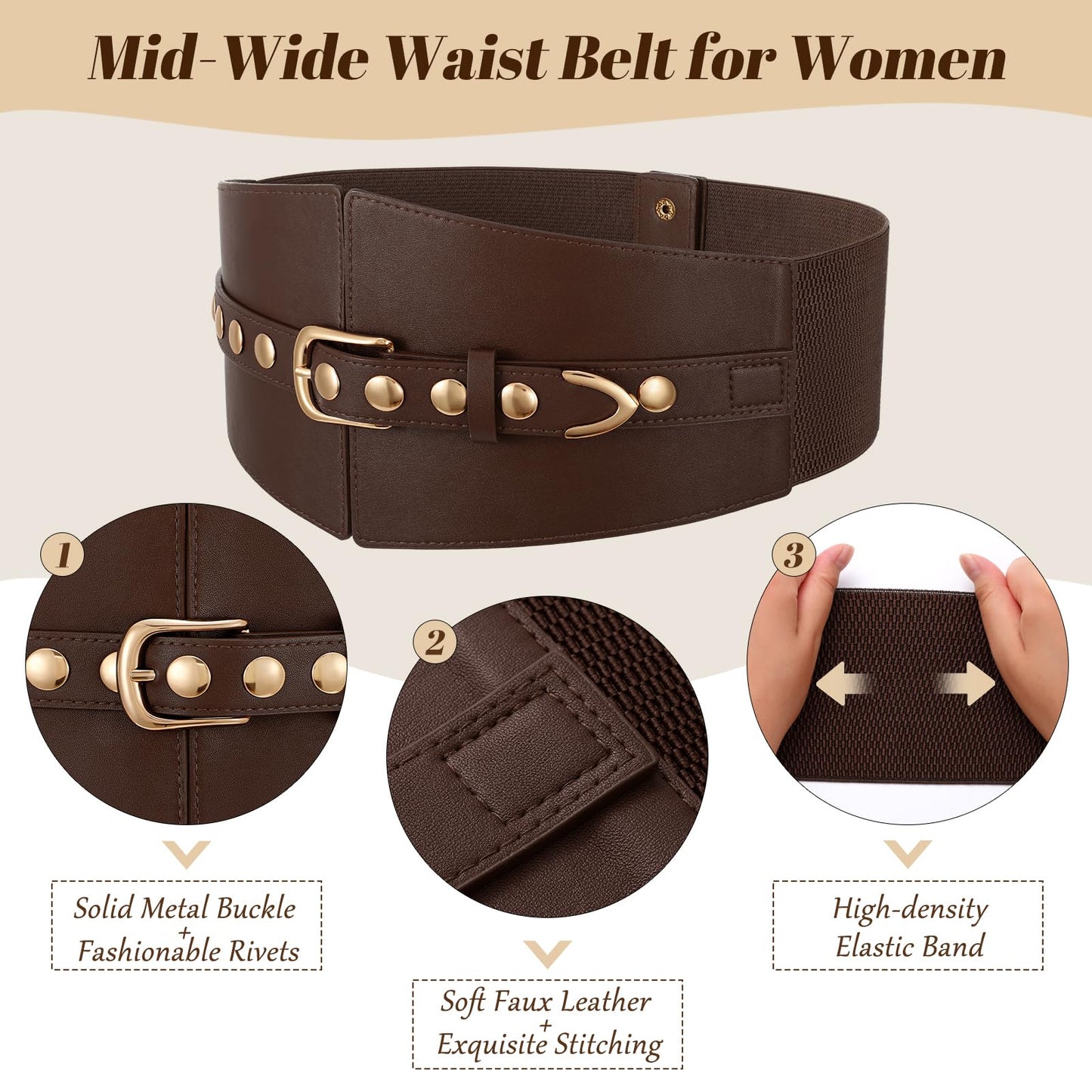 JKEEMI Wide Waist Belt Women Elastic Chunky Stretchy Elegance Belt with Gold Rivets Buckle for Daily Costume