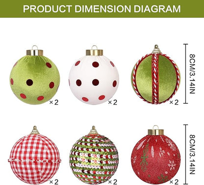 80MM/3.14" Velvet Christmas Ball Ornaments, 12PCS Shatterproof Flocking Foam Ornaments Set for Christmas Tree Hanging Decorations, for Home Holiday Party Indoor Xmas Decor. (Red/Green/White)