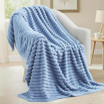 decorUhome Soft Fleece Blue Grey Throw Blanket for Couch, Cozy Fluffy Plush Flannel Striped Blanket for Sofa Bed, Lightweight Decorative Ribbed Fuzzy Blanket for Woman, 50x60 Inches