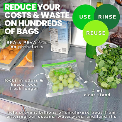 Smelly Proof 10 x Expandable Stand-Up & Fill REUSABLE Storage Bags for Food Designed & Mfg in US, NO PEVA, BPA FREE, Reusable Snack Bags, Dishwasher-Safe, Clear 3 mils STAND & FILL 6" x 4" - 10pk