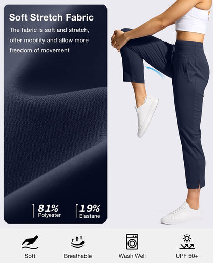 YYV Women's Pants with 3 Pockets High Waisted Golf Athletic Pants 7/8 Stretch Ankle Pants for Women Workout Travel Casual(Navy Medium)