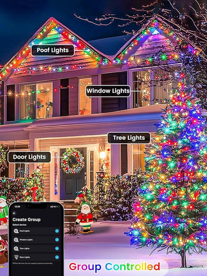 Smart Color Changing Christmas Lights with Remote & APP,208FT 600 LED RGB Dimmable Christmas String Lights, Waterproof Fairy Twinkle Light for Indoor Outdoor Xmas Tree Wedding Holiday Decorations