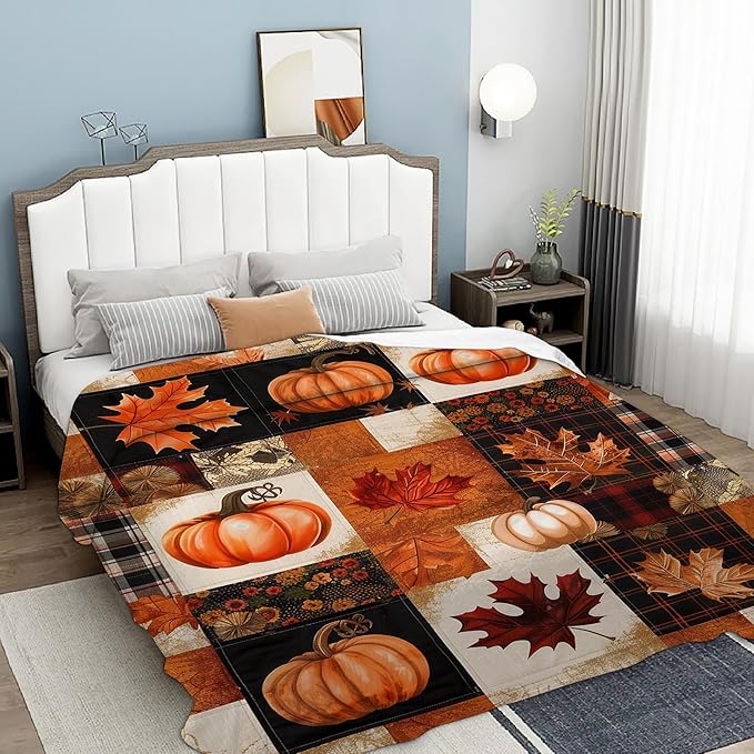 Blanket Thanksgiving Lightweight Soft Throw Blanket for Girls Teens Women, Plaid Pumpkin Fall Fuzzy Blanket Home Room Decor 50x60 Inches