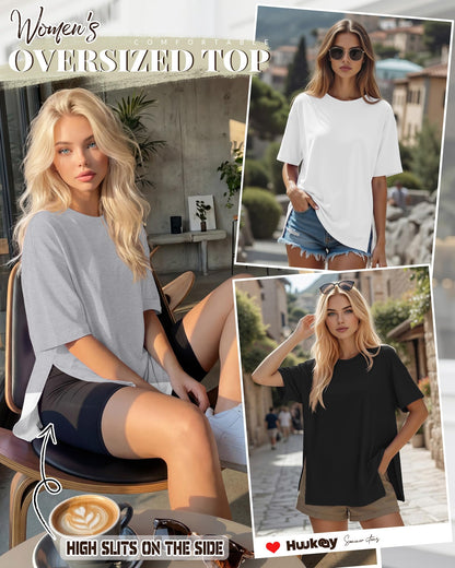 Huukeay 3 Pack Women's Oversized Workout T Shirts Short Sleeve Loose Fit Gym Tops Crewneck Casual Summer Basic Tees(L,Black, White, Gray)