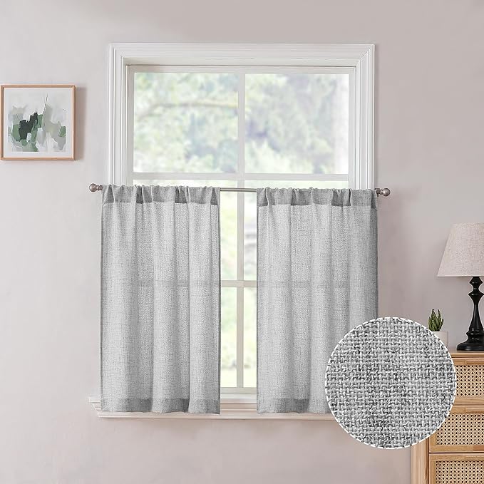 Tollpiz Linen Tier Curtains Rod Pocket Semi Sheer Short Kitchen Curtain Half Burlap Light Filtering Thick Linen Drape for Bathroom, 30 x 30 inches Long, Silver Grey, Set of 2 Panels