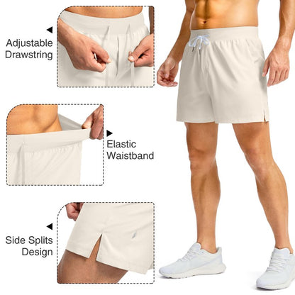 Soothfeel Men's Running Shorts with Zipper Pockets 5 Inch Lightweight Quick Dry Basketball Gym Workout Athletic Shorts for Men (Bone, S)