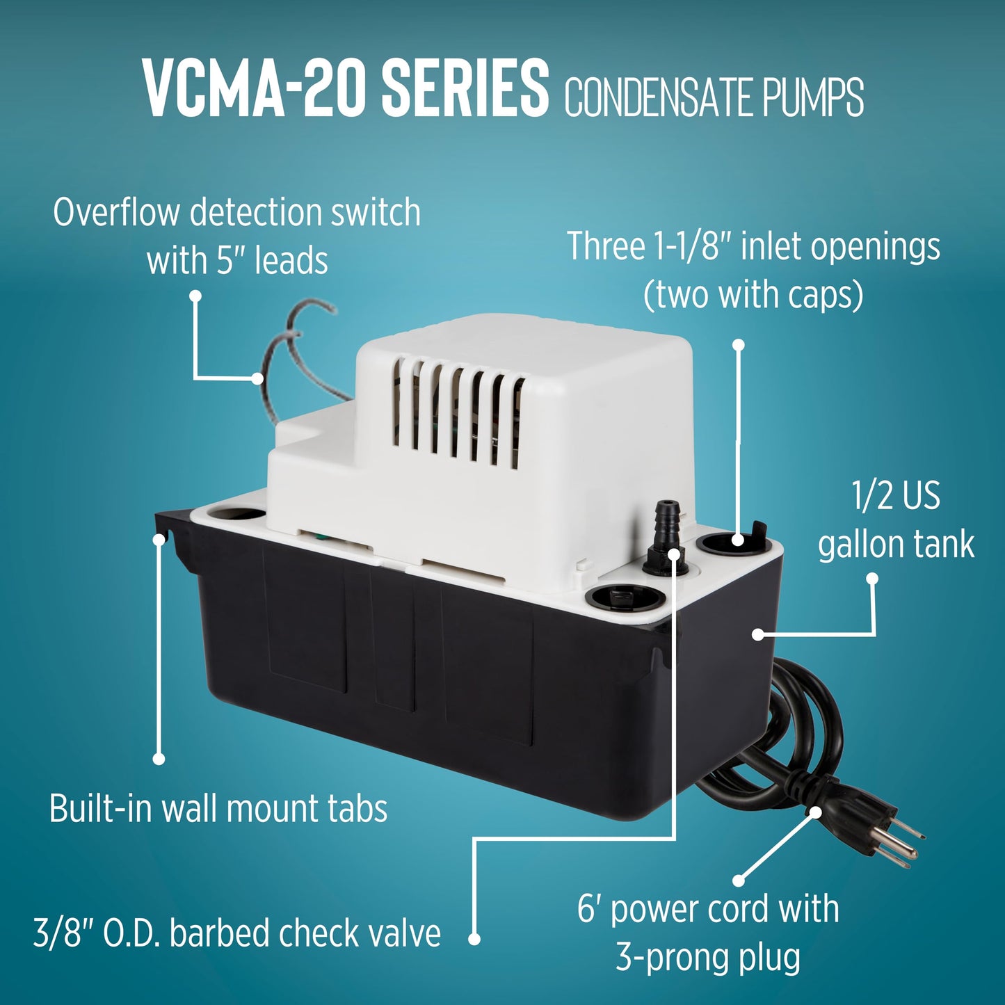 Little Giant VCMA-20ULS 115 Volt, 80 GPH, 1/30 HP Automatic Condensate Removal Pump for HVAC/Refrigeration Systems/Dehumidifiers with Overflow Detection Switch and 6-Foot Cord, White/Black, 554425