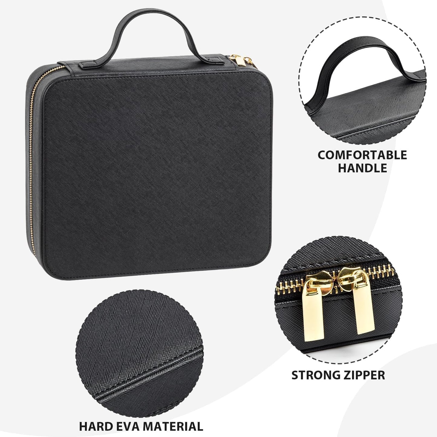 Luxury Velvet Ring Storage Organizer Case, Leather Ring Holder for Women/ Girls/ Mothers/ Wife, Portable Jewelry Display Box with Large Capacity for 90+ Rings, Earrings, Necklaces - Black(Case Only)