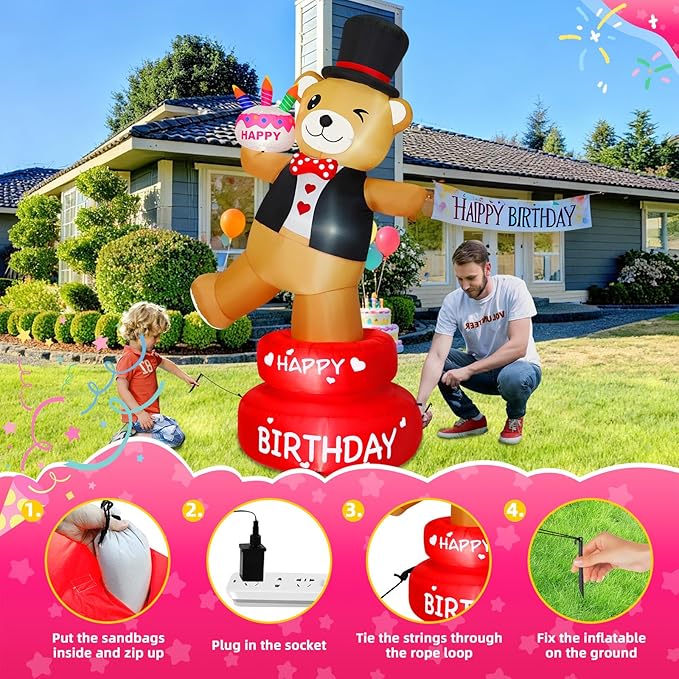 6FT Birthday Inflatable Decorations Happy Birthday Cake Outdoor Decor with Candles Lighted Blow Up Party, Brown Bear Holding Cake, Bright LED Lights for Home Celebration Garden Yard Lawn Decor