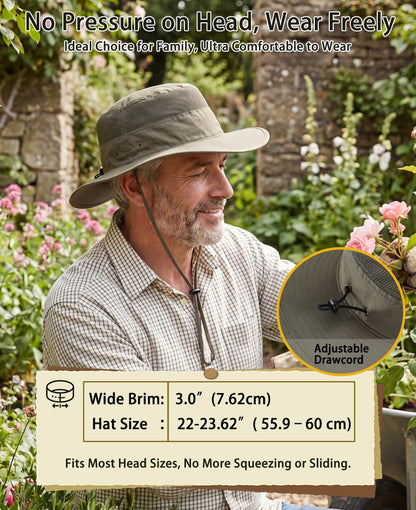 Home Prefer Men's Sun Hat UPF 50+ Wide Brim Bucket Hat Windproof Fishing Hats (Light Army Green)