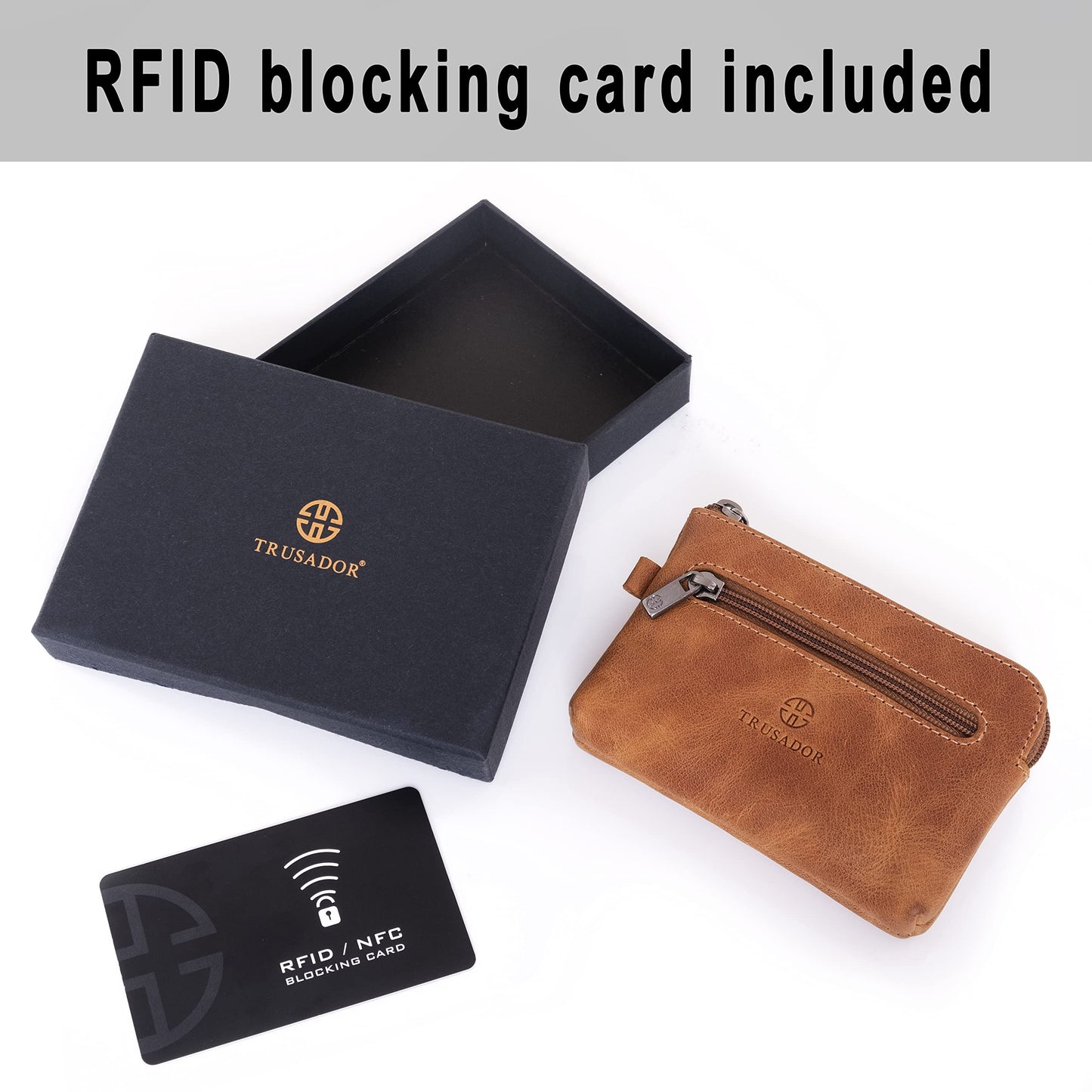 Trusador Milano Unisex Leather Front Pocket Wallet Coin Purse Zipper Pouch with Keychain (Cognac)