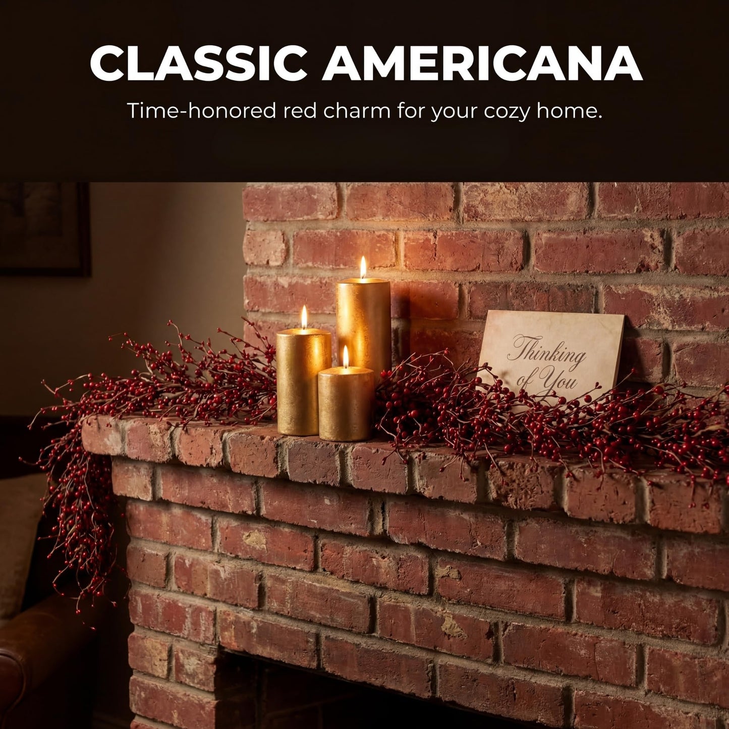 Quixem 60 Inch (5FT) Rustic Red Pip Berry Garland for Fireplace Mantel & Table Runner, Flexible Wired Artificial Vine, Christmas & Americana Farmhouse Décor Everyday Décor