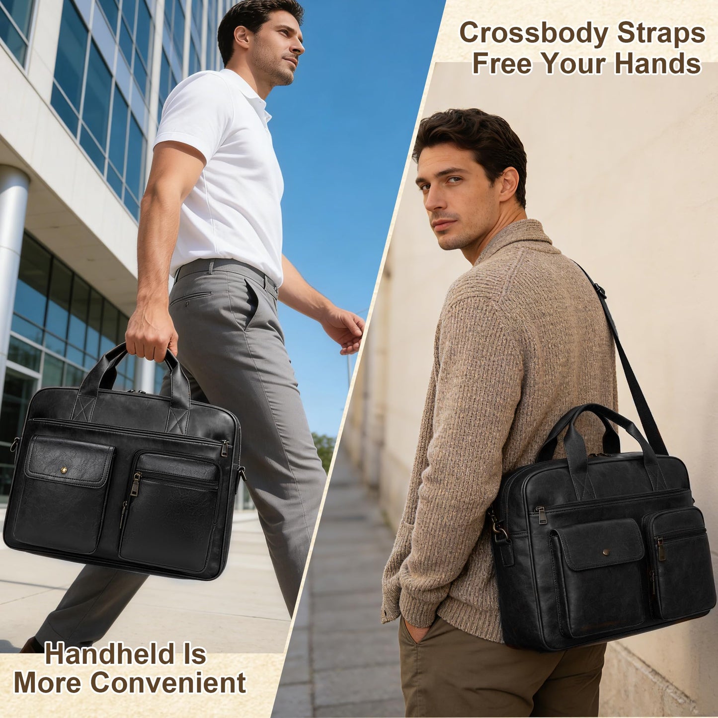 Yuni Sophy Briefcase for Men 15.6 Inch Laptop Messenger Bag Faux Leather Multi-Pocket Business Work Bag Waterproof Office Travel (Black)