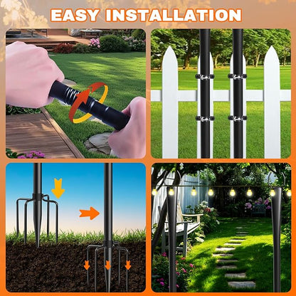 4 Pack 10Ft String Light Poles, Metal Poles with Fork for Outside Lights,Outdoor Metal Light Stand with Fence Brackets Hanging Lights for Garden Patio Wedding Backyard Deck Party