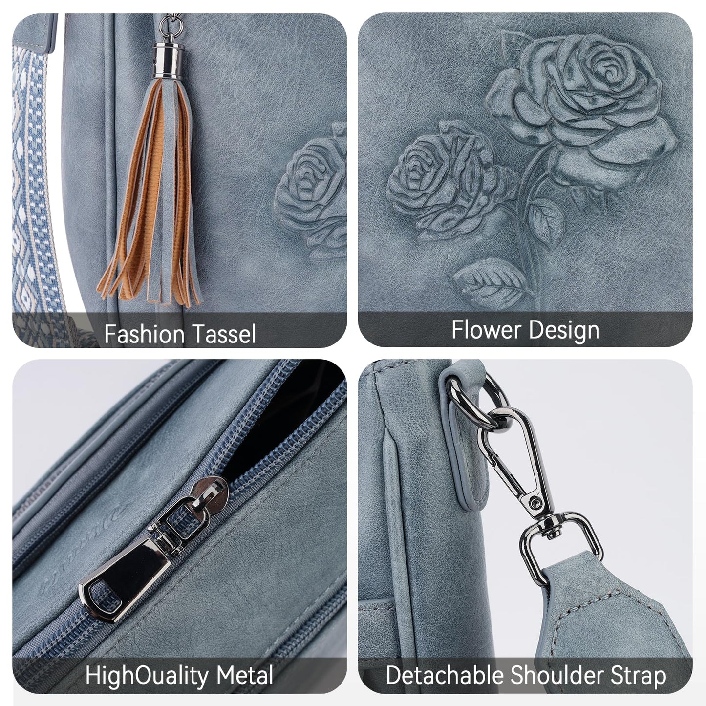 VIMUTI Crossbody Bags for Women Trendy Vegan Leather Hobo Purses for Women Embossed Flower Shoulder Handbags Bucket Bag (01-Blue)