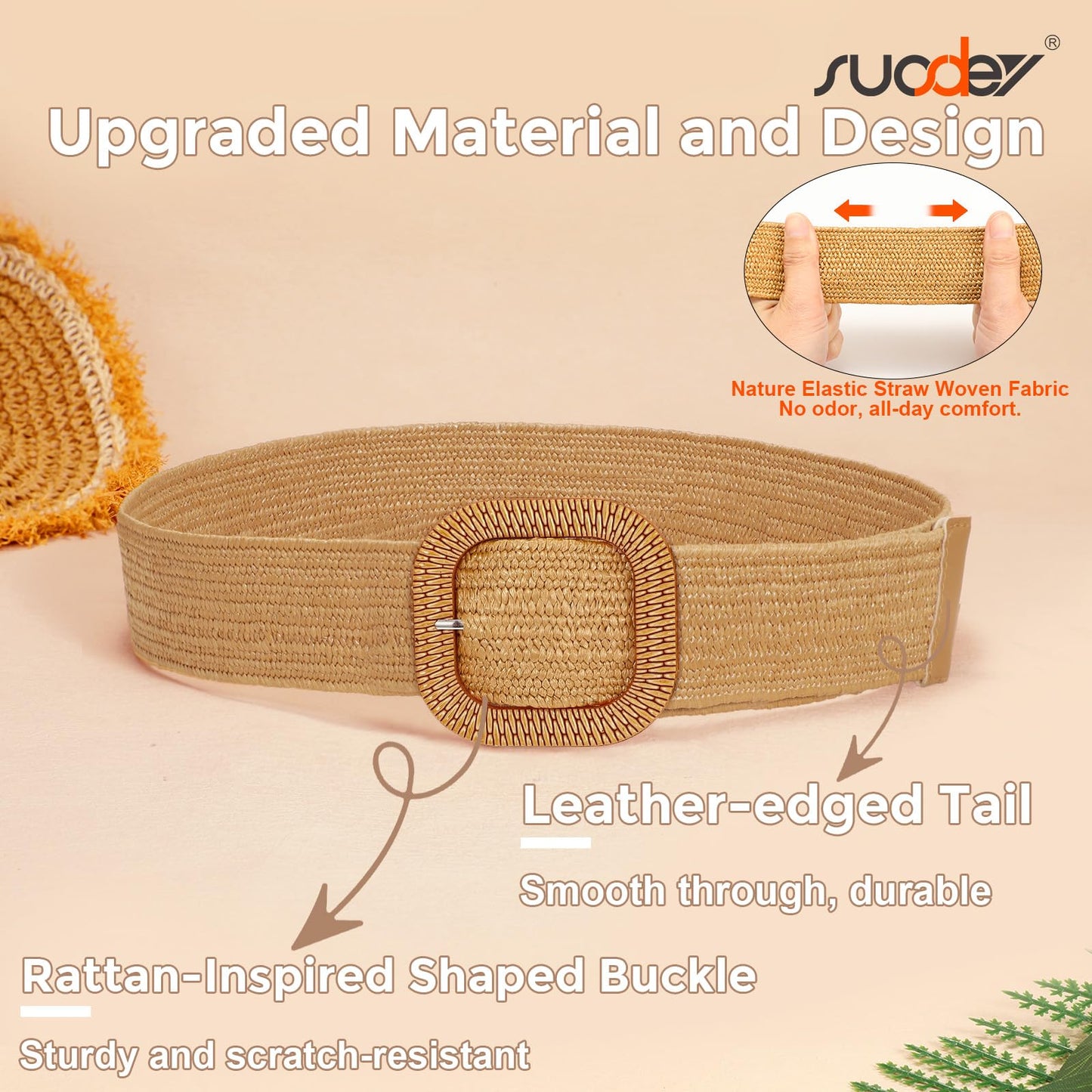 SUOSDEY Straw Woven stretchy Waist Belt for Women Dresses,Wide Boho Braided Elastic Belt with Round Buckle
