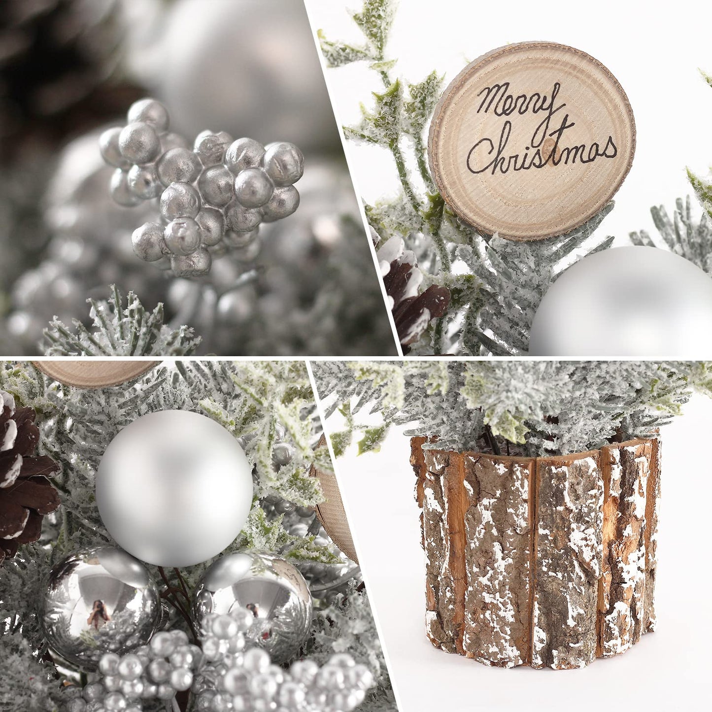 Super Holiday Small Winter Christmas Tree, Artificial Mini Tabletop Christmas Tree Decorations with Christmas Ornaments, for Home Party Thankgivings Christmas Decor, Silver/White-Indoor.