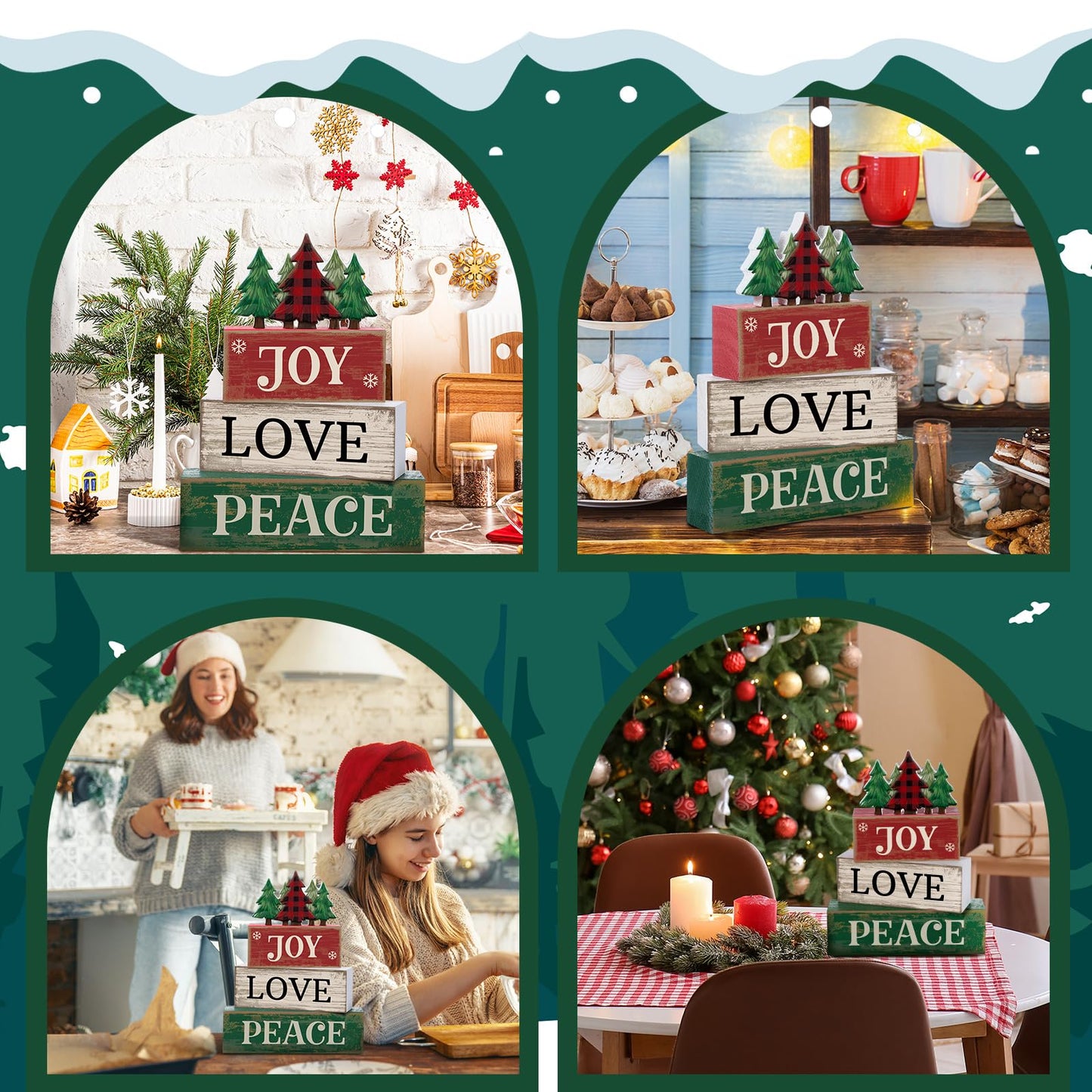 Lineshading 4 Pcs Christmas Table Decor Christmas Tree Centerpiece Joy Peace Love Sign Rustic Decorative Tree Block Signs Gift Winter Tiered Tray Decor Farmhouse for Home Xmas Party Kitchen Shelf