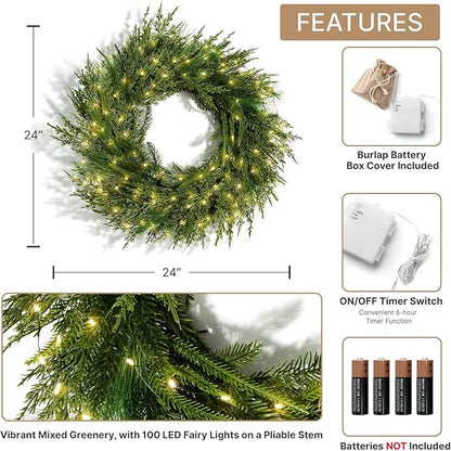 LampLust Winter Wreaths for Front Door Outside, 24 Inch Alpine Fir, Hemlock & Cypress Evergreen Wreath, 100 LED Lights, Battery Powered, Timer, Farmhouse Wreath Year Round, Winter Wreaths for Indoors