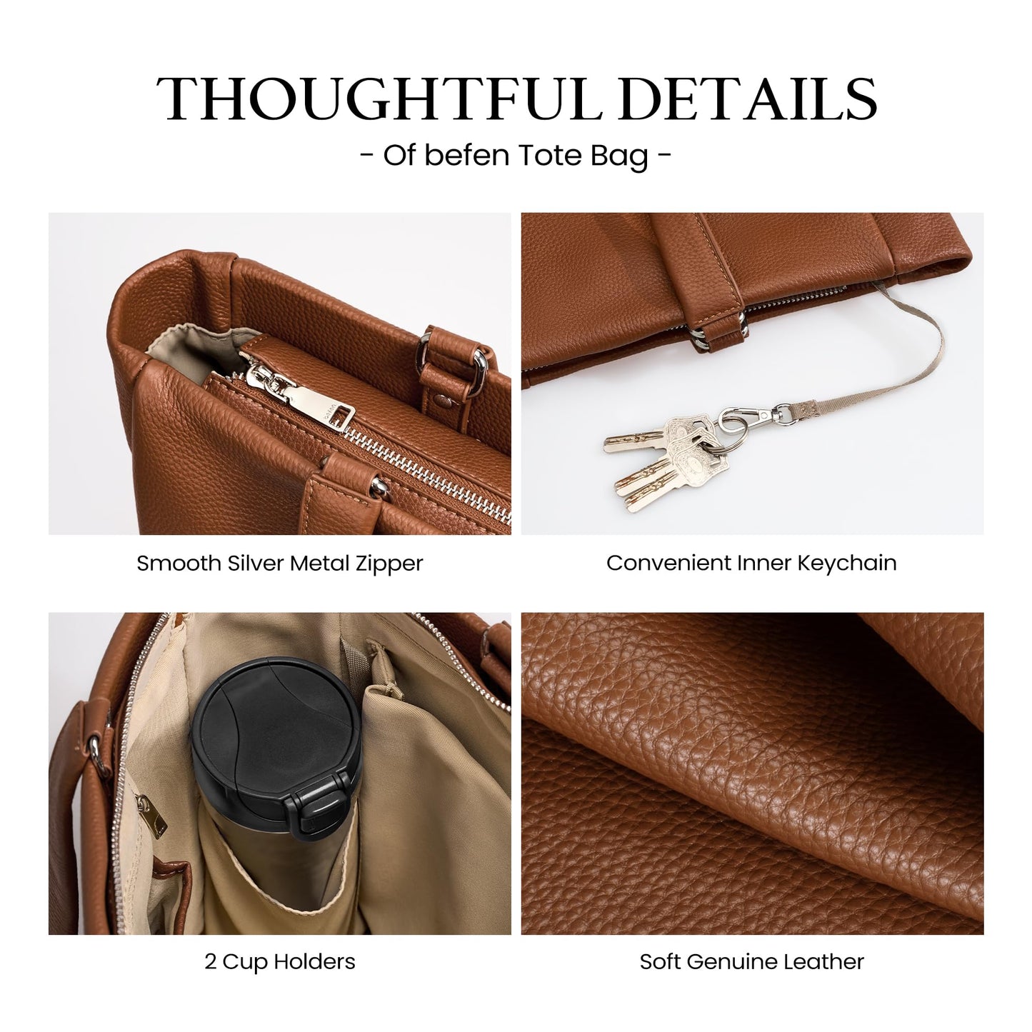 befen Real Leather Work Tote Bag for Women Ladies Totes Shoulder Purse Satchel Handbags with 15.6" Compartment & Water Cup Holder Cognac Brown