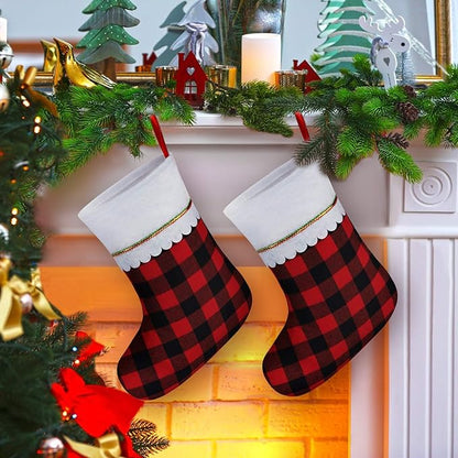 URATOT 12 Pack 15 Inches Christmas Stockings Red and Black Plaid Pattern Felt Christmas Holiday Stockings Christmas Tree Hanging Ornaments Xmas Fireplace Decoration Set