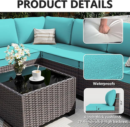 ALAULM 6 Pieces Patio Furniture Set, Oversized Seat/Armrest and High Back Wicker Sectional Furniture Set with Thick Cushion for Backyard, Garden, Turquoise