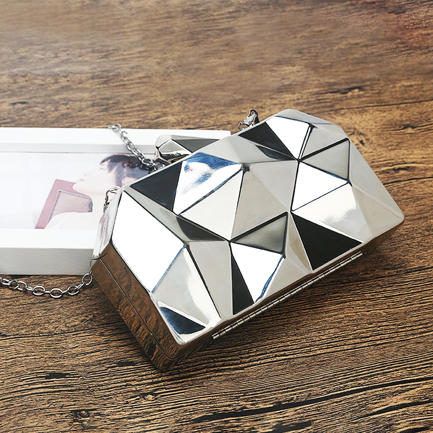Women's Silvery Lattice Clutch Purses - Geometric Lattice Metal Evening Bag Golden Stone Cut Purse
