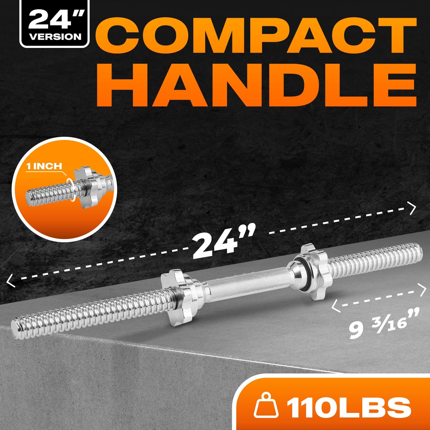 Yes4All Pair of Threaded Dumbbell Handles 14/16/18/24 inch, Chrome/Rubber Grip, Fit 1” Plates, Weight Bar Connector