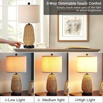 Touch Control Rattan Table Lamps, 3 Way Dimmable Bedside Lamps for Bedroom Set of 2 with 2 USB Ports and AC Outlet, Grass Rope Nightstand Lamps for Living Room Office (2 LED Bulbs Included)