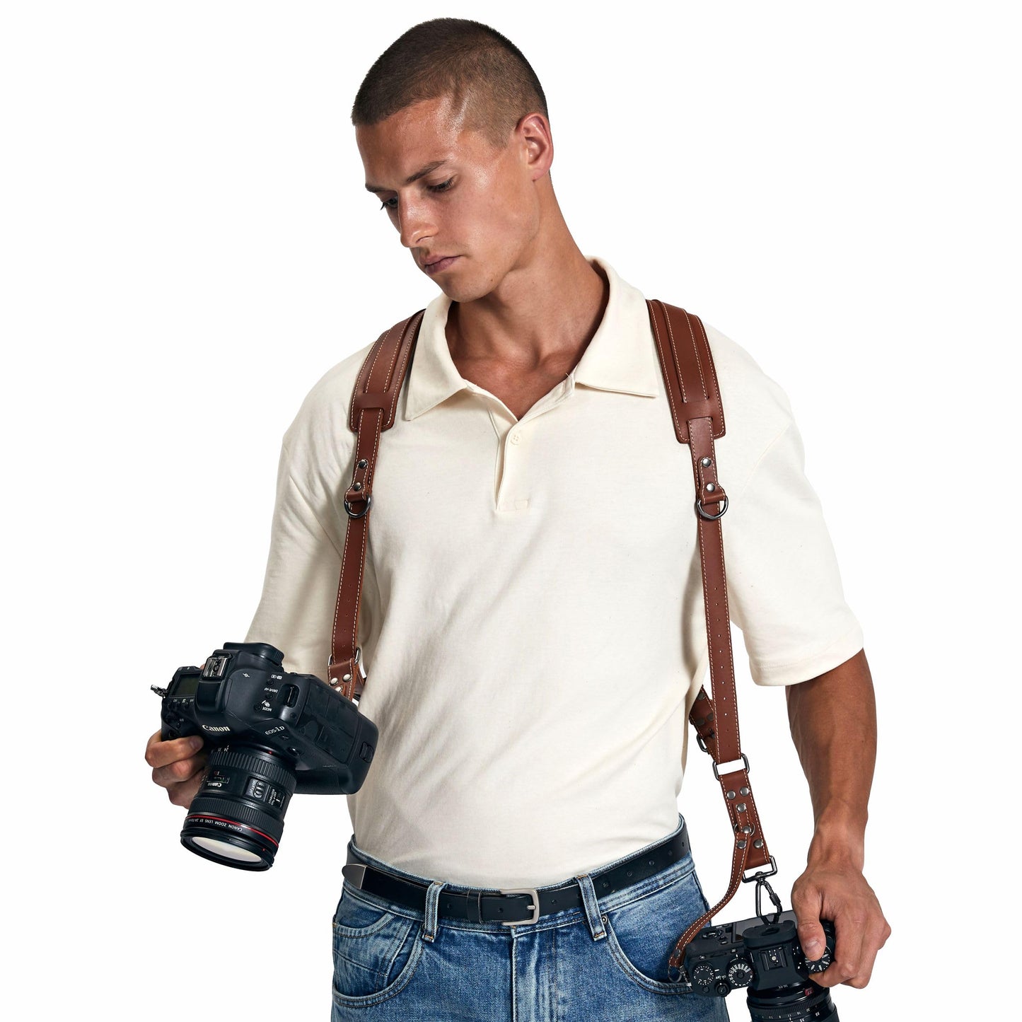 Padwa Lifestyle Tan Dual Camera Harness Strap for Two-Cameras - Dual Shoulder Full Grain Leather Harness,Multi Double Camera Gear for DSLR/SLR Strap,Double Camera Harness for Photographers