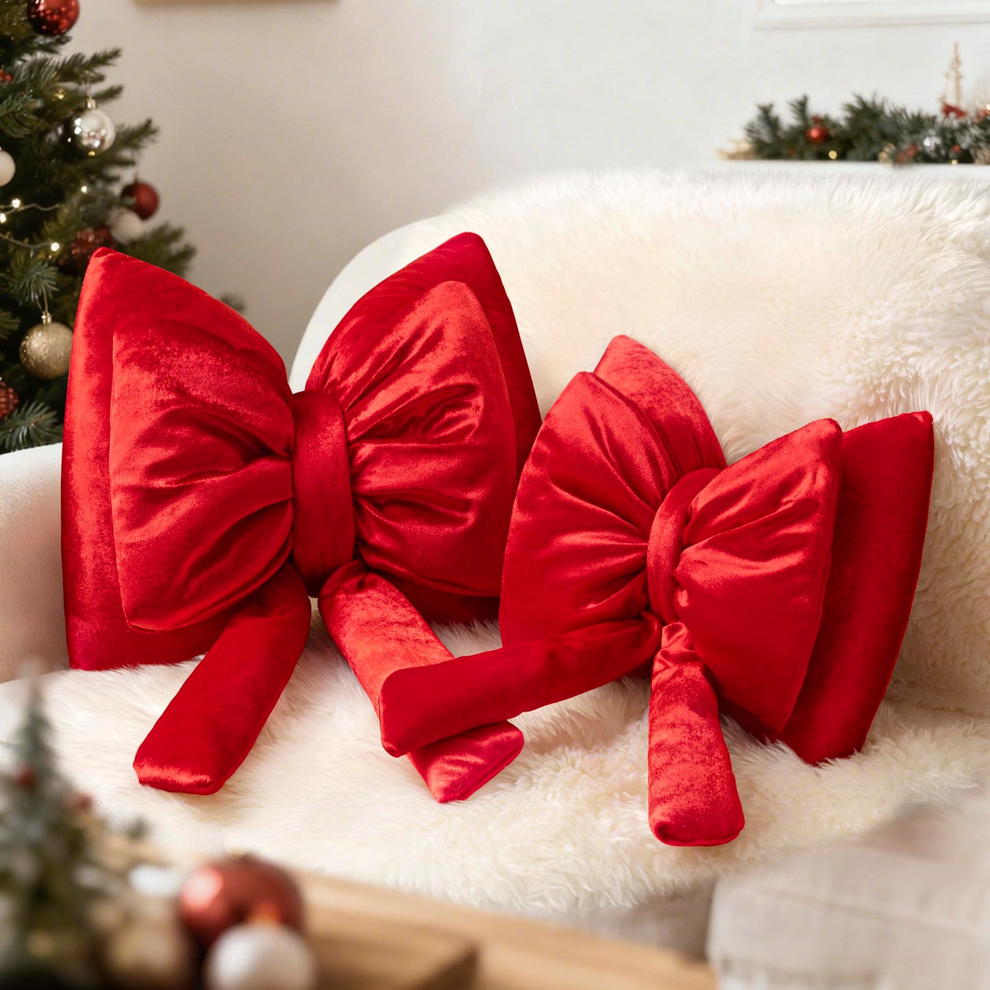 AELS Bow Pillow Decorative Throw Pillow Set of 2, Shining Velvet Cute Pillow Cute Pillow for Valentine's Day, Wedding, Christmas, Living Room, Bedroom, Nursery Decor, Red