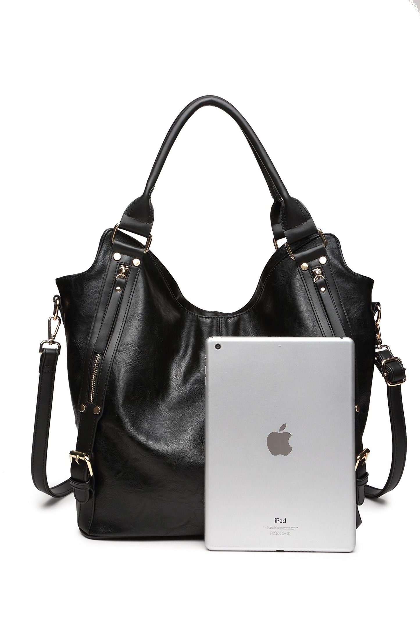 Women Tote Bag Handbags PU Leather Fashion Hobo Shoulder Bags with Adjustable Shoulder Strap (Black, L)