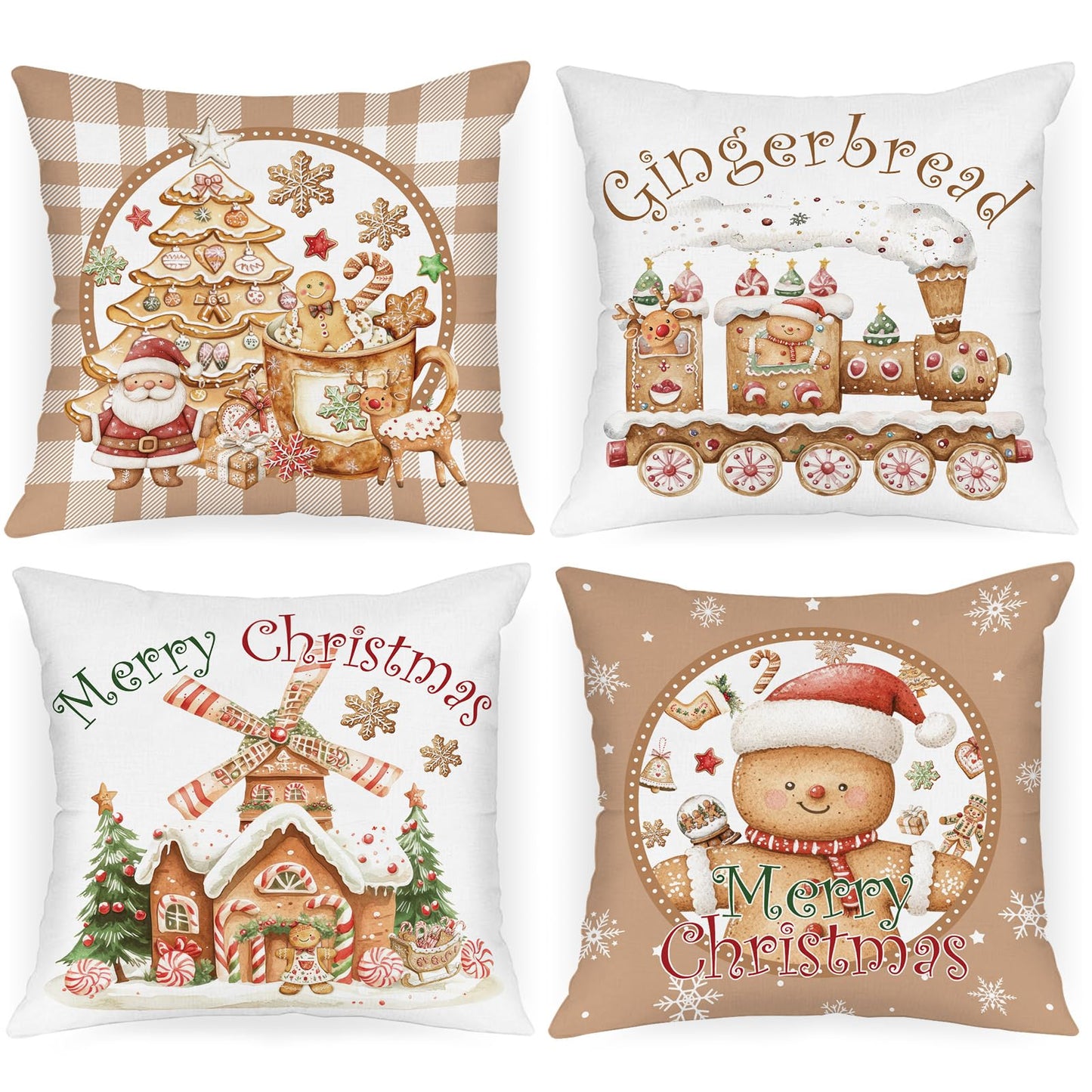 Lanpn Christmas Throw Pillow Covers 18x18 Set of 4, Gingerbread Man House Pillow Covers Christmas Pillowcase Decorative Cushion Cover for Home Bedroom Couch Sofa Decor (Brown)