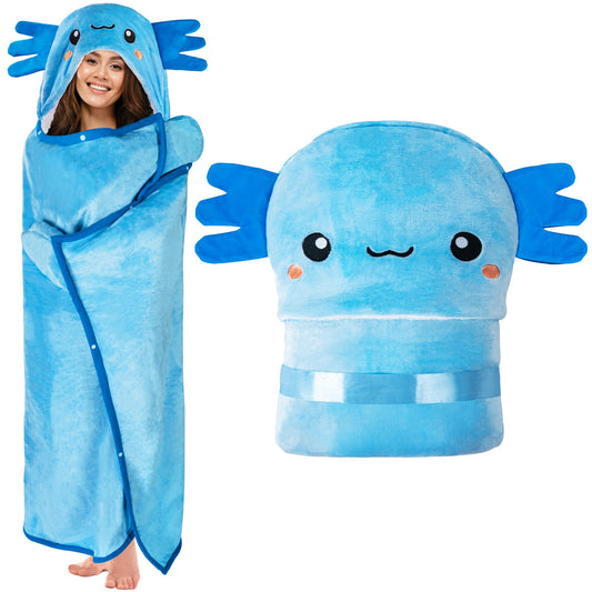 Axolotl Wearable Hooded Blanket for Adults - Super Soft Warm Cozy Plush Flannel Fleece & Sherpa Hoodie Throw Cloak Wrap - Axolotl Gifts for Women Adults and Kids