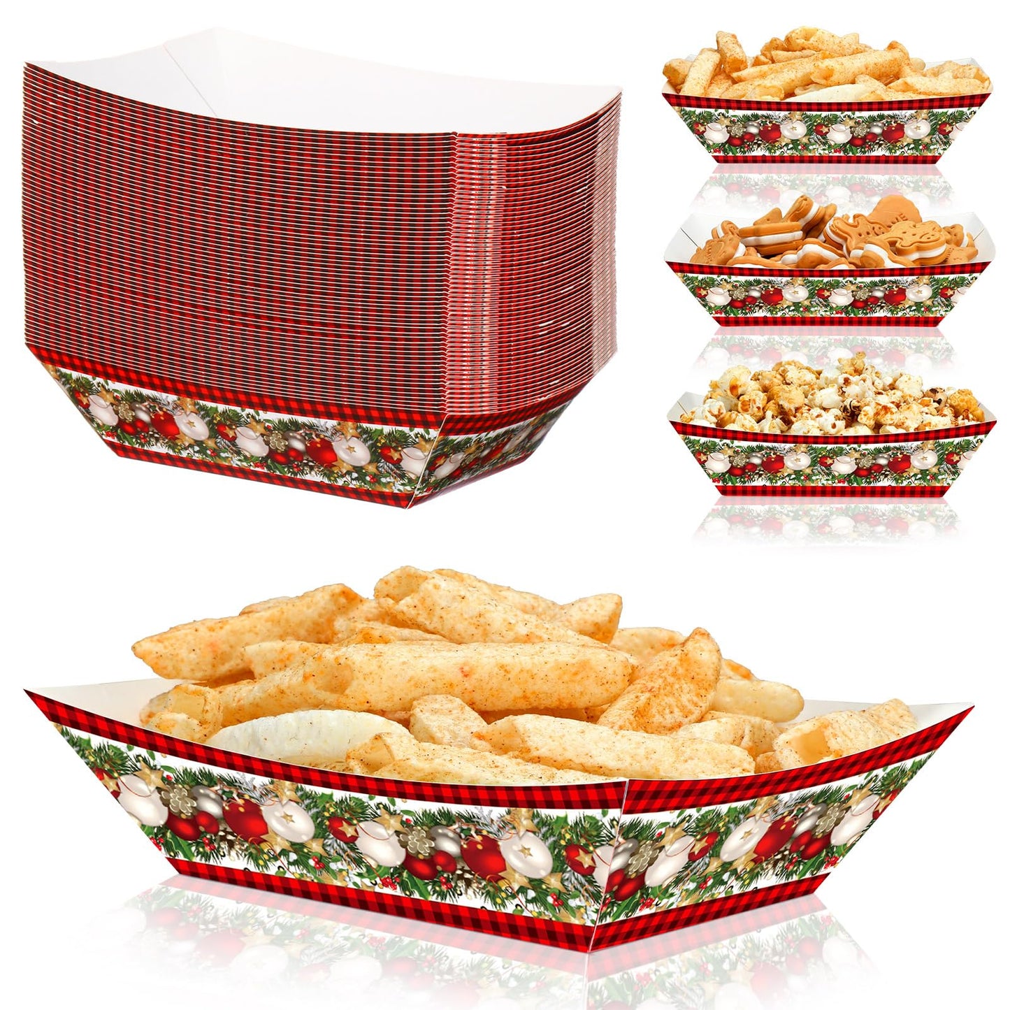 Ctosree Christmas Paper Food Trays Linen Red and Black Buffalo Check Seasonal Winter Xmas Holiday Farmhouse Style Snack Bowl for Party Decoration Supplies
