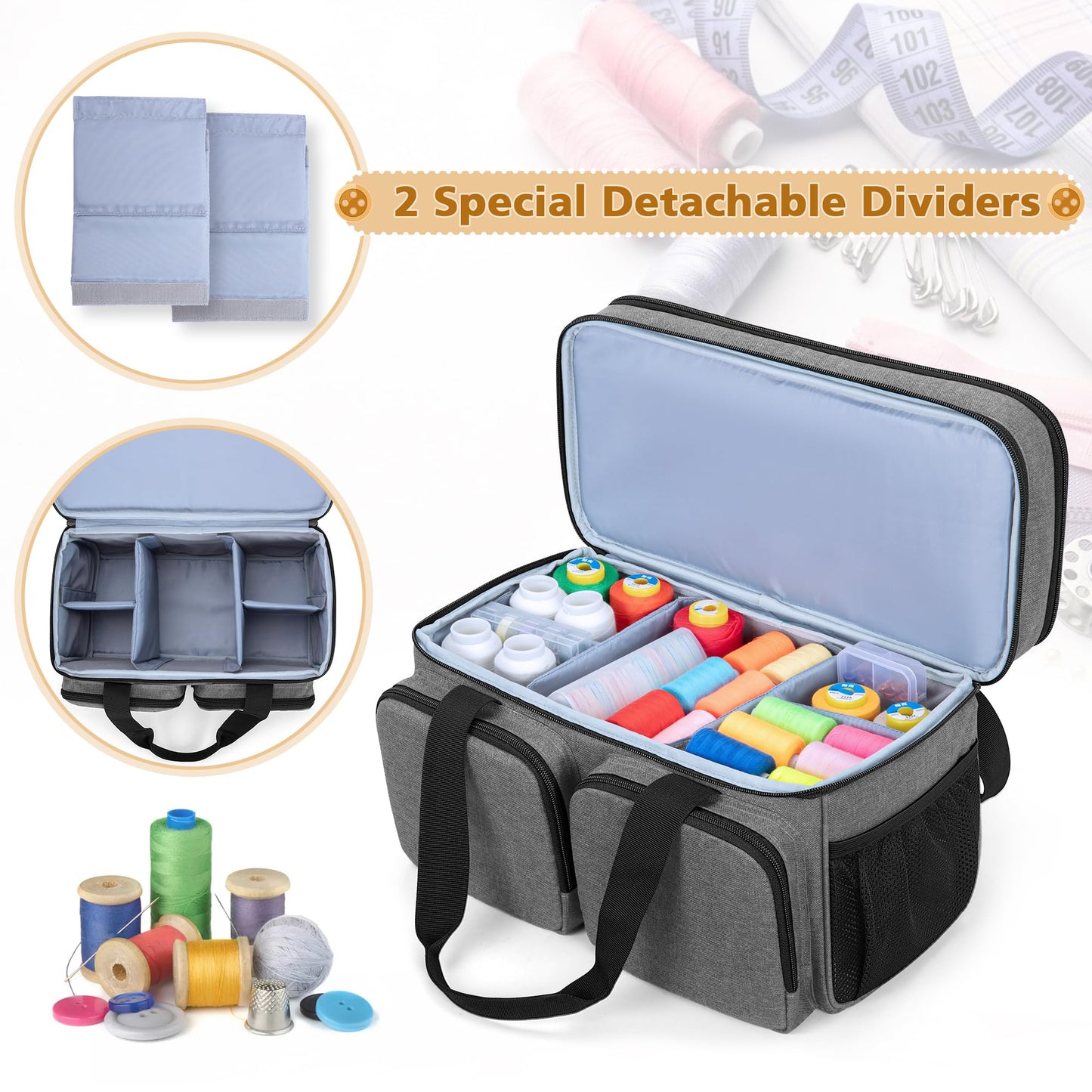 BAFASO Large Sewing Organizer Bag with an Individual Pouch and Detachable Dividers, 2 Layers Sewing Storage Bag for Sewing Supplies, Gray