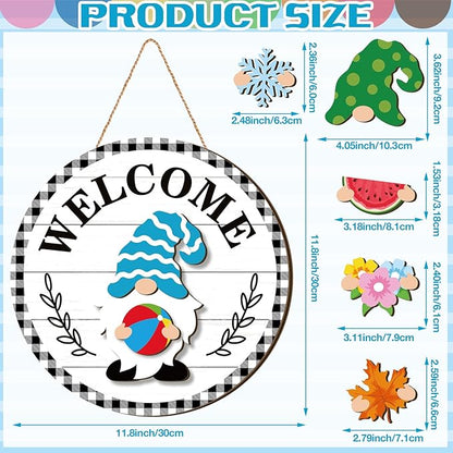 Qunclay Interchangeable Wooden Gnome Decor Holiday Seasonal Gnome Decorations with Magnet Pieces and Detachable Hats Changeable Welcome Sign for Home(Vivid Style)