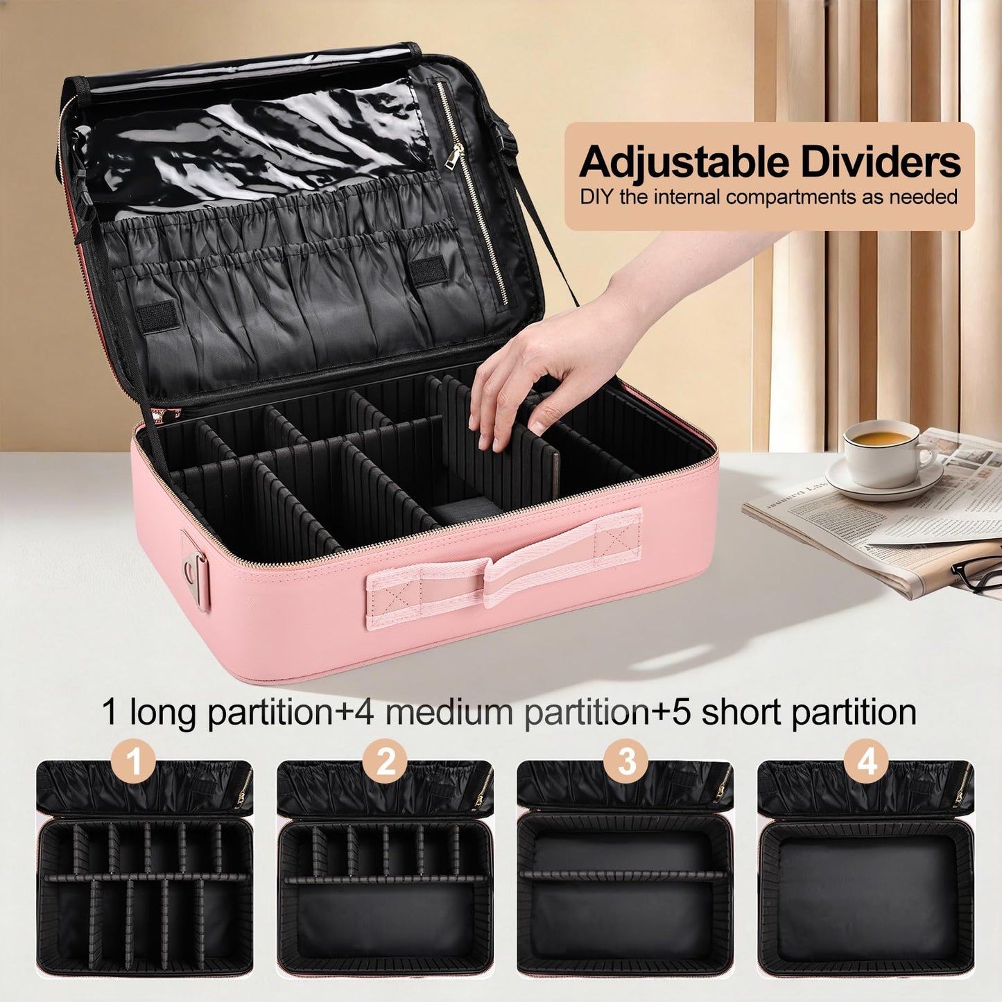 Travel Makeup Bag with Brush Holder, Professional Cosmetic Train Case Organizer, Portable Travel Makeup Brush Carry Case Artist Storage Box with Adjustable Dividers and Shoulder Strap, Leather Pink