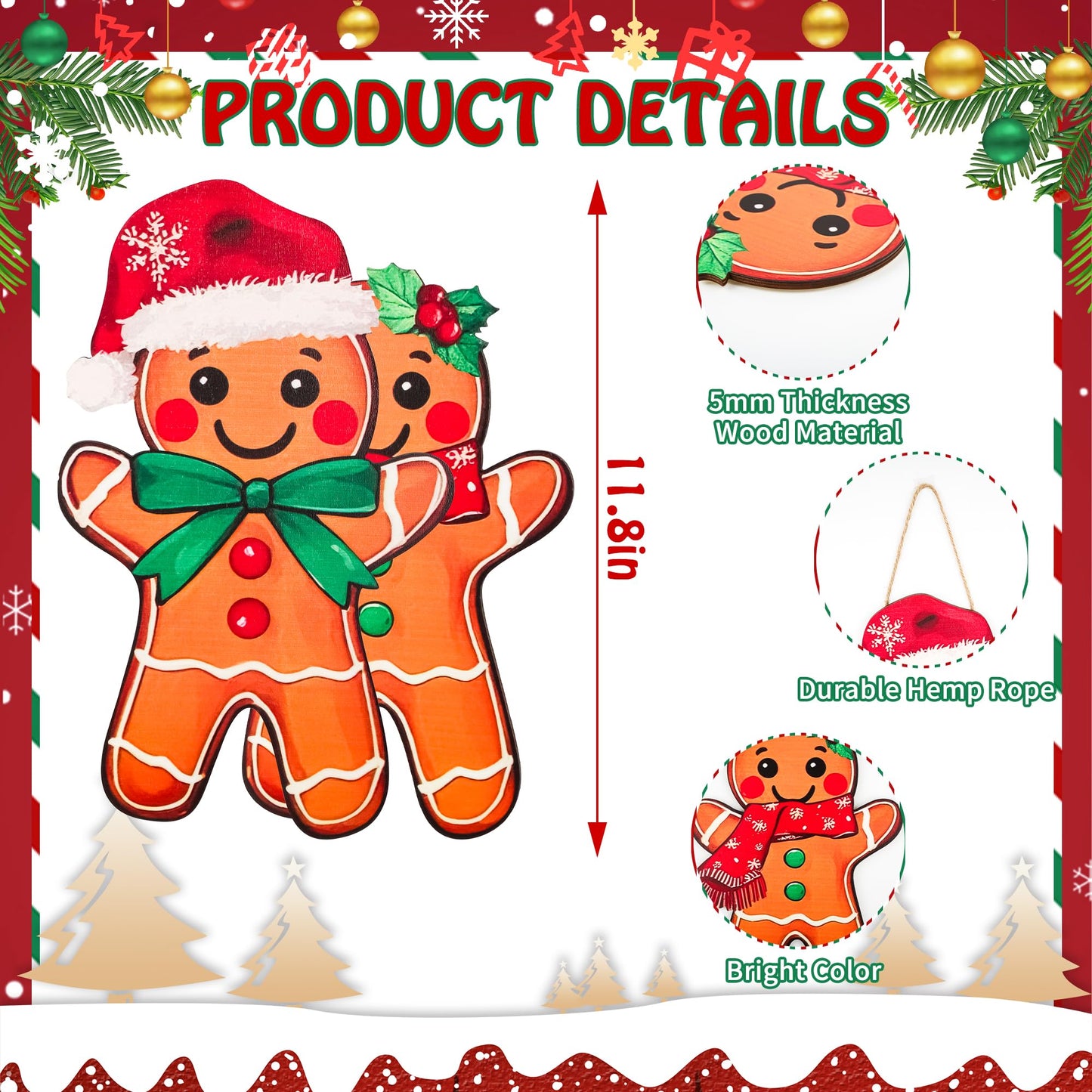 2Pcs Christmas Gingerbread Hanging Signs Gingerbread Men Women Front Door Decor Xmas Red Green Welcome Wreath Hanger for Holiday Porch Window Wall Home Decor
