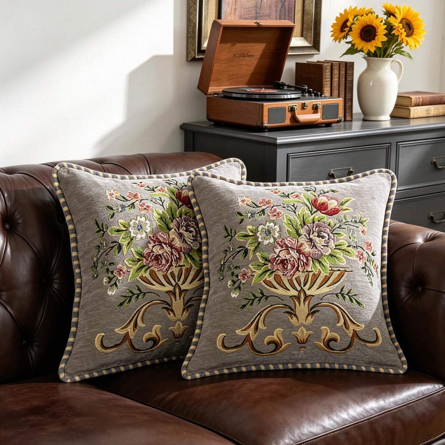 Qupace 2 Pcs Gray Chenille Vintage Embroidered Throw Pillow Covers 18x18in,Grey Tassel Vintage Pattern Pillow Covers, Floral Embroidered Cushions Covers for Sofa Couch Bed Chairs Car