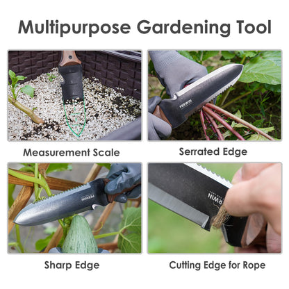 PERWIN Hori Hori Garden Knife, Garden Tools with Sheath for Weeding, Planting, Digging, 7" Stainless Steel Blade with Cutting Edge, Full-Tang Wood Handle with Hanging Hole