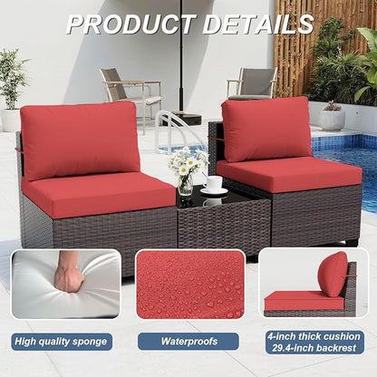 ALAULM 14 Pieces Outdoor Patio Furniture Set Sectional Sofa Sets Brown PE Rattan Patio Conversation Set w/12 Red Seat Cushions and 2 Coffee Tables
