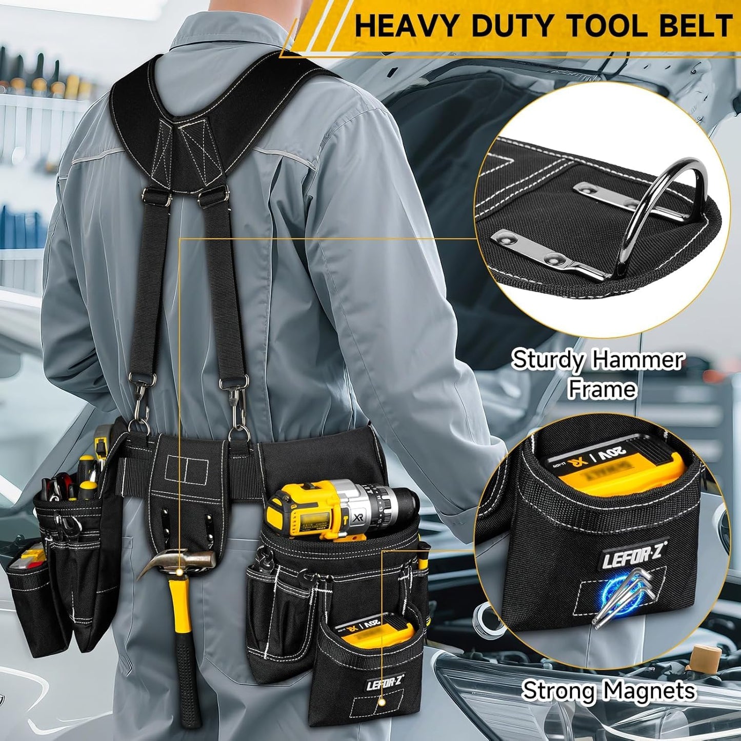 Tool Belt with Suspenders,27-Pockets Heavy Duty Tool Belts for Men with Magnetic Tool Pouch,Detachable & Adjustable Work Belt Bag for Electrician,Carpenter,Construction,Utility Toolbelt,Black